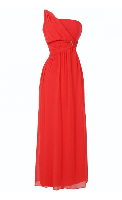 One Shoulder Embellished Maxi Dress in Coral